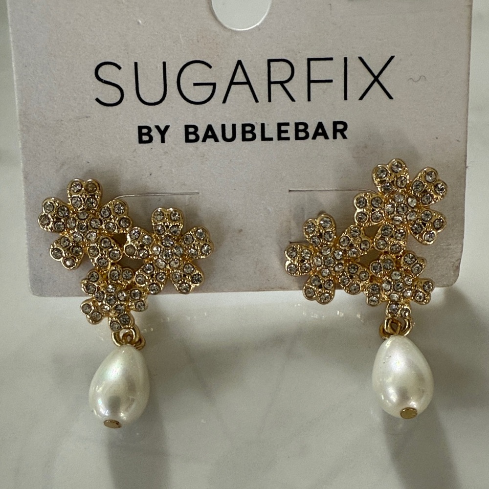 BaubleBar Gold Crystal Floral Earrings with Pearl Drop